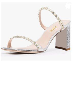 YDN Sliver Pearl Open Square Toe Mules Block Mid Heel Double Straps Sandals